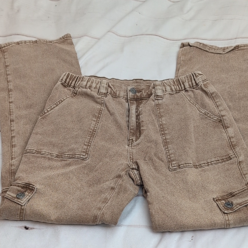 AnnieWear Lyocell Stretch High Rise Cargo Jeans in Toffee Tan Brown size Large